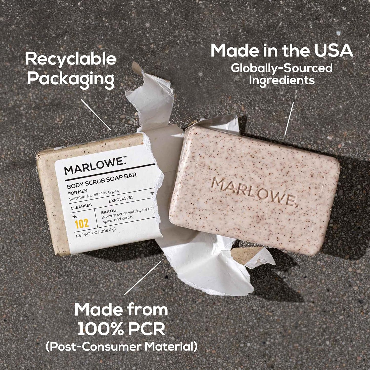 No. 102 Body Scrub Soap 7 Oz (6 Bars), Santal, Exfoliating Soap Bar with Shea Butter, Olive Oil & Green Tea Extracts, Cleanses, Smooths & Revitalizes Skin, Warm Amber, Spice & Citron Scent