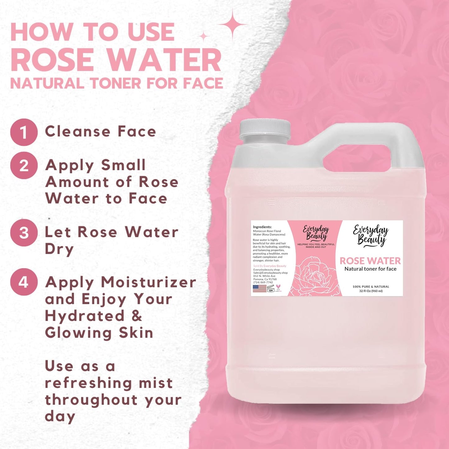Rose Water Facial Toner - 32Oz Bulk Alcohol-Free Vegan All Natural Refreshing for Face and Hair - Uplifts, Calming & Soothing for All Skin Types