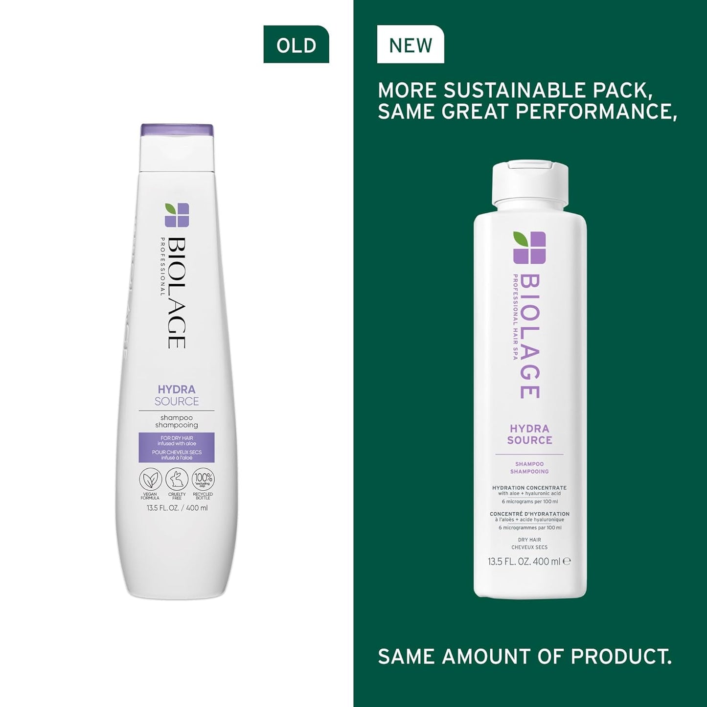 Biolage Hydra Source Shampoo - Softens & Adds Shine, for Dry Hair, Infused with Micro-Filtered Aloe Vera & Fermented Hyaluronic Acid, Vegan & Paraben-Free, Packaging May Vary