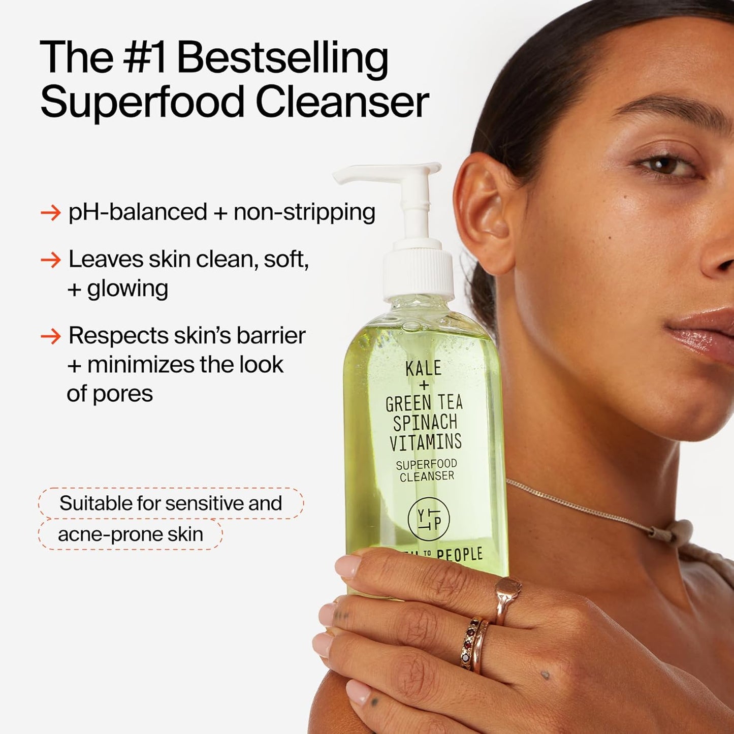 Superfood Facial Cleanser - Kale + Green Tea Daily Face Wash, Gentle Makeup Remover, with Antioxidants for Glowing Skin & Less Visible Pores, Award-Winning, Refillable Packaging