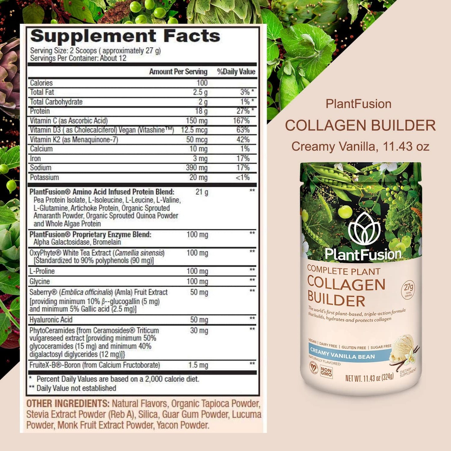 Vegan Collagen Powder - Plant Based Collagen Protein Powder for Muscle & Joints, Hair, Skin & Nails - Keto, Gluten Free, Soy Free, Non-Dairy, No Sugar, Non-Gmo - Vanilla 11.43 Oz