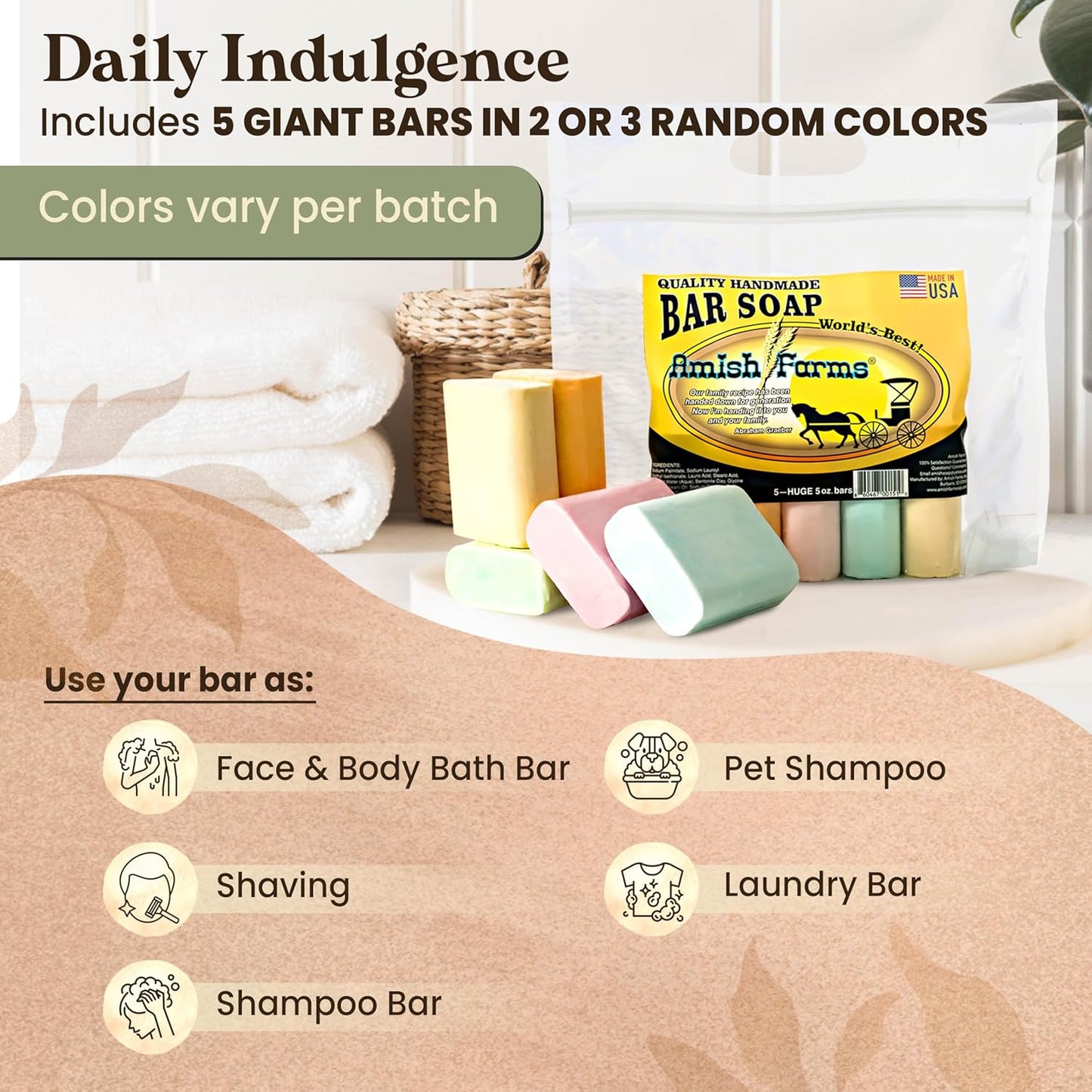 Soap Bar with All Natural Bentonite Clay | Made in USA, Vegan Moisturizing for Sensitive Skin | Women & Mens Face & Body Bath Soap for Shower | Clean Scent | 5 Ounce Each (5 Bars)