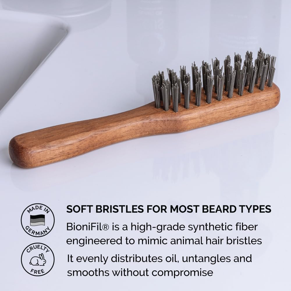 Vegan Mustache & Beard Brush with Handle, Soft Bristle & Animal-Free Grooming Brush for Taming & Styling Beard – Made in Germany (J73)