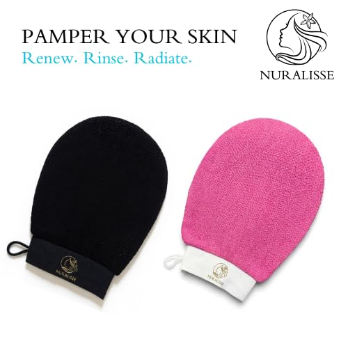 Skincare Premium Exfoliating Mitt โ Vegan Viscose exfoliating Kessa Glove for Self-Tan Removal, Keratosis Pilaris & Smooth, Radiant Skin (Black & Pink, 2 Mitts)