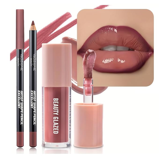 2Pcs/Set Lip Gloss & Lip Liner Set Berry Mauve – Lip Plumping Effect Lip Combo Set for Juicy Plump Lips, Fuller Looking Lips, Gradient Lips & Glass Lips Look, High Shine Volume Lips Viral Lip Combo