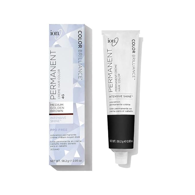Ion Permanent Creme Hair Color 4G Medium Golden Brown, Vegan, Cruelty Free, PPD Free, 100% Gray Coverage, Long Lasting, Fade Resistant Color, 2.05 oz