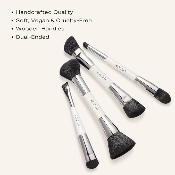 The Essential Brush Set | 4 dual-ended brushes, soft vegan bristles, travel friendly, Woosh Beauty