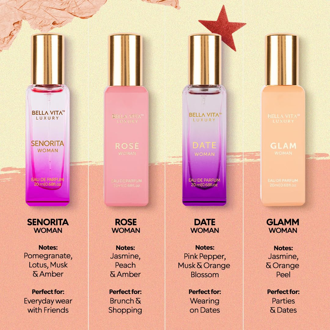 Luxury Women'S Perfume Gift Set (4X20Ml) | Notes of Floral, Sweet, Spicey Red Fruit, Vanilla & Musk | DATE, SENORITA, GLAM & ROSE | French Parfum Collection Gift Set