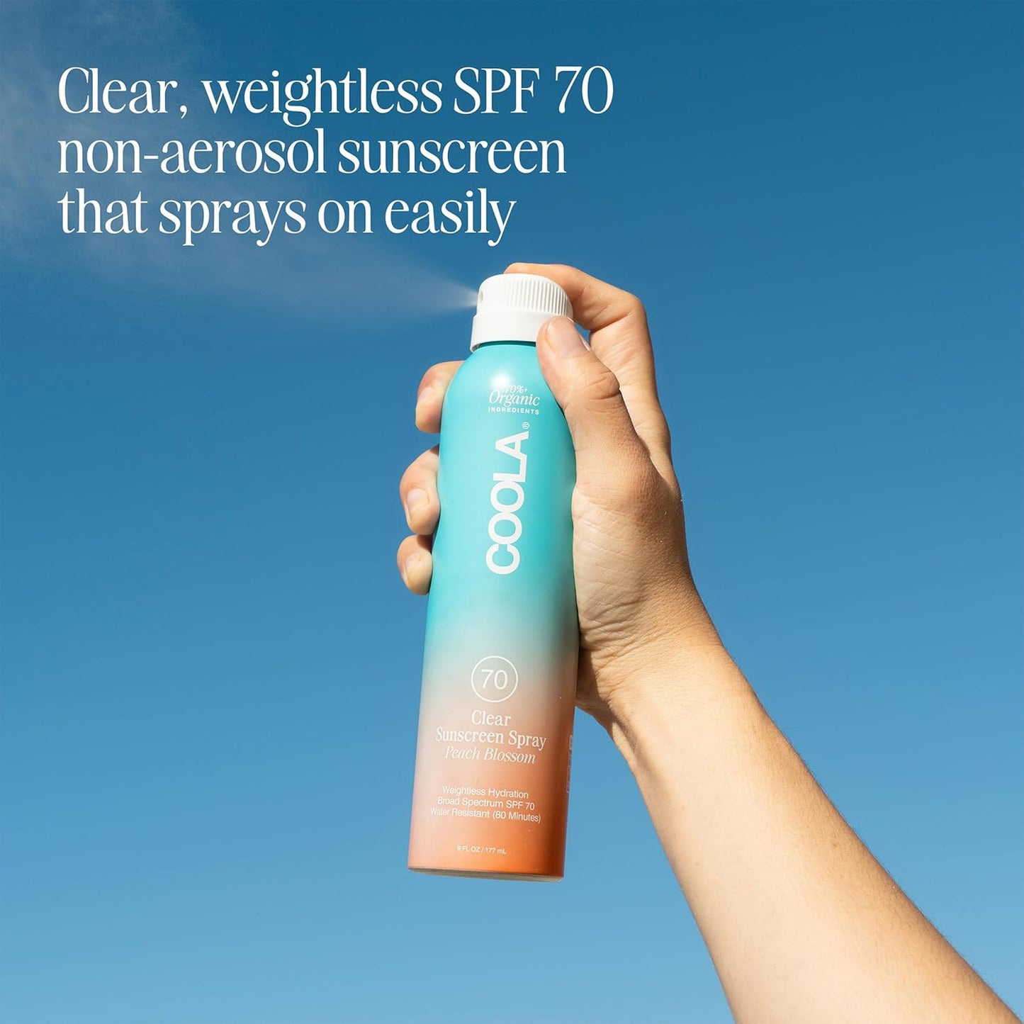 COOLA Organic Sunscreen SPF 70 Sunblock Spray, Dermatologist Tested Skin Care for Daily Protection, Vegan and Gluten Free, Peach Blossom