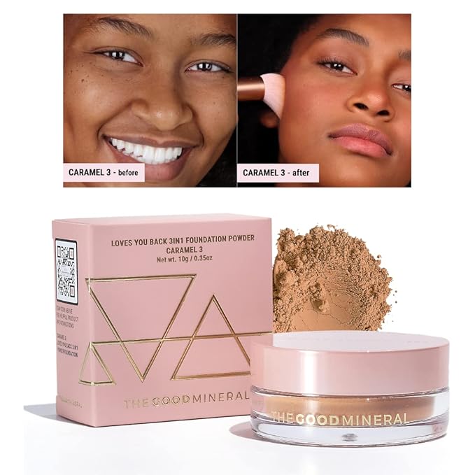 The Good Mineral Loves-You-Back 3in1 Mineral Powder Foundation (CARAMEL 3) | Designed for acne-prone, sensitive skin for Natural Coverage with calming Zinc Oxide + Kaolin Clay | Vegan + Cruelty Free
