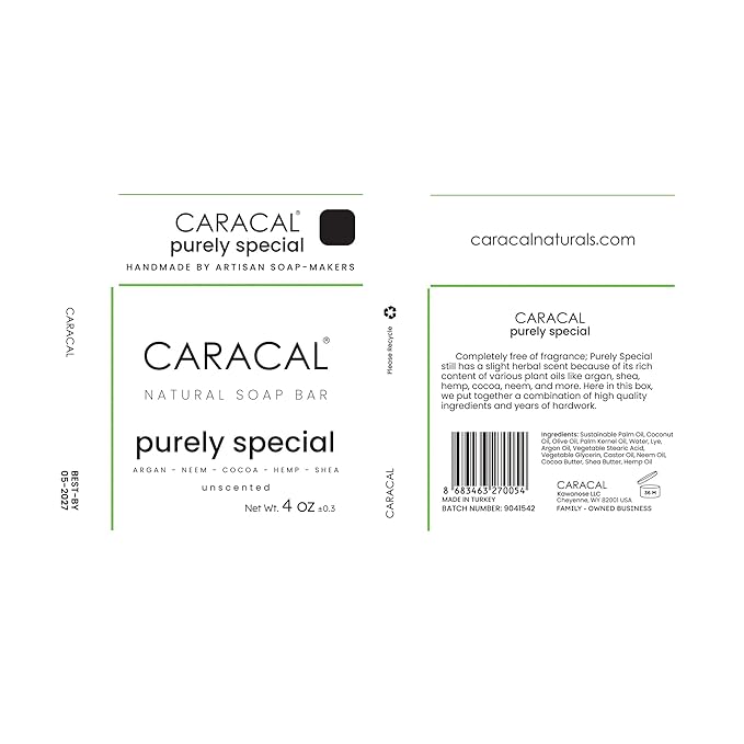 CARACAL Fragrance-Free Hemp Argan Neem Herbal Soap Bar Purely Special – All Natural Olive, Castor Oils, Cocoa & Shea Butter