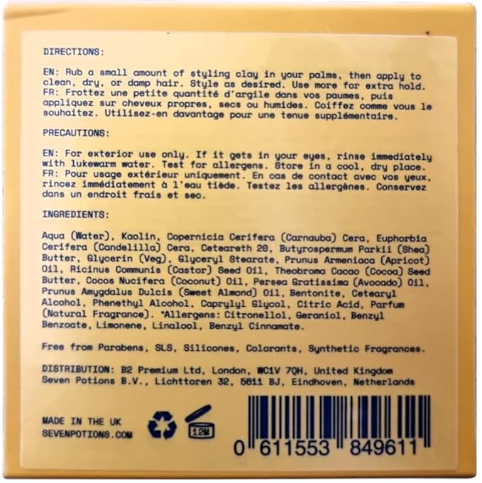 SEVEN POTIONS Hair Clay For Men and Women 3.4 fl oz - High Hold No Shine Hair Pomade For Men - Effortless Hair Styling Product That Leaves No Residue - Water Based - Natural, Vegan, Cruelty Free