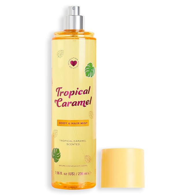 I Heart Revolution, Tropical Caramel Hair & Body Mist, Long-Lasting Perfume Spray, Notes of Vanilla, Caramel, & Sandalwood, Cruelty-Free & Vegan, 7.98 fl oz