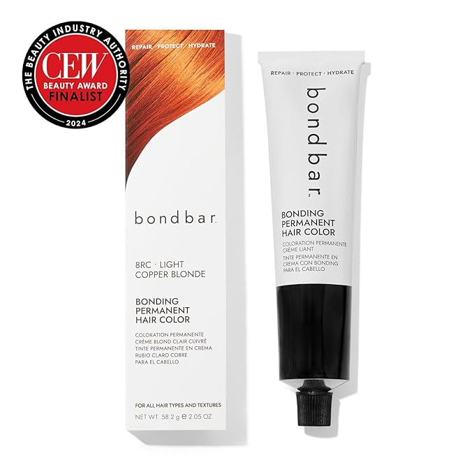 Bondbar 8RC Light Copper Blonde Bonding Permanent Creme Hair Color, Repairing hair dye for all hair types, Vegan, Built in Bonding, 2.05 Oz