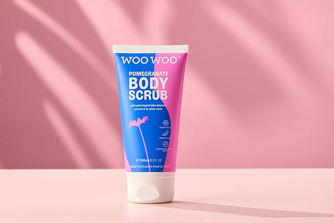 WooWoo Natural Pomegranate Body Scrub - Exfoliating Vegan Formula with Pumice & Aloe Vera | Smooths Skin, Helps Hyperpigmentation & Prevents Ingrown Hairs | 5 oz (150 ml)