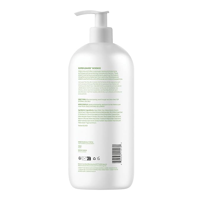 ATTITUDE Nourishing Hair Conditioner, For Dry and Damaged Hair, Naturally Derived Ingredients, Vegan Detangler, Dermatologically Tested, Grapeseed Oil and Olive Leaves, 32 Fl Oz