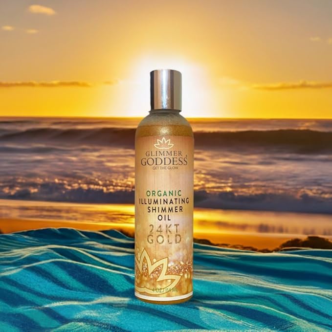 GLIMMER GODDESS Organic Illuminating Shimmer Body & Face Oil – 24K Gold – Hydrating Vegan Formula for Radiant Glow – 4 oz