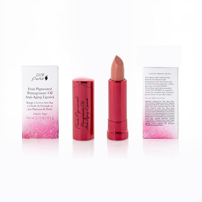 100% PURE Pomegranate Oil Anti-Aging Lipstick Long Lasting, Vibrant Makeup - Moisturizing Cocoa Butter Satin Finish - Vegan Fruit Pigmented Bee Balm Color (Warm Deep Peachy Pink) - 0.15 oz
