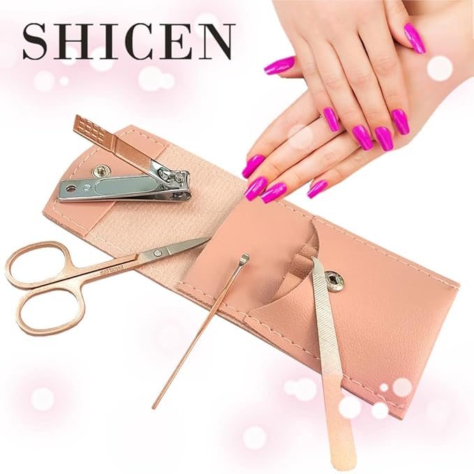 Manicure Set, Professional Women Nail Clippers Kit 4PCS, Stainless Steel Nail Cutter Care Tools Professional Grooming Kits, PU Leather Travel Case (rose gold)
