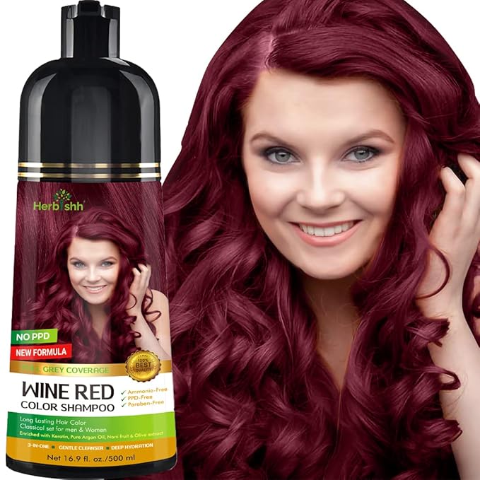 Herbishh Color Shampoo for Gray Hair Coverage (Wine Red) –Hair Dye 3-in-1 Shampoo- Colors in Minutes – Lasts Up To 2-3 Weeks – 500 mL – Ideal for Men & Women