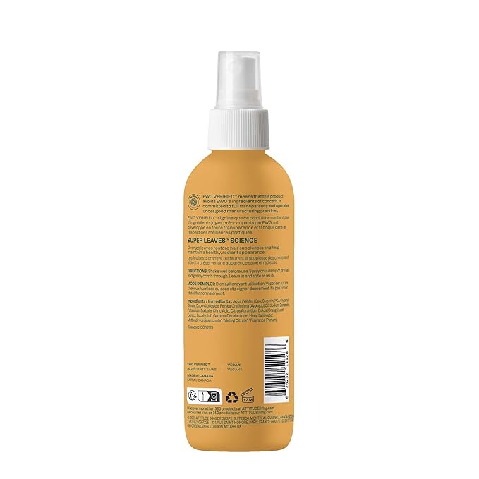 ATTITUDE Detangling Spray, EWG Verified, Vegan & Plant-Based Hair Care, Leave-In for Smooth & Manageable Hair, Orange Blossom & Eucalyptus, 8 Fl Oz