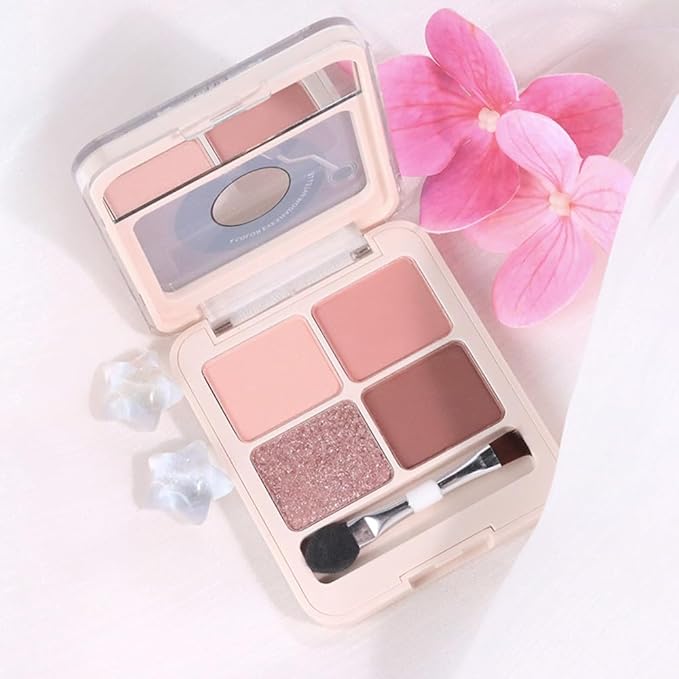 Pink Purple Brown 4Colors Eyeshadow Makeup Palette with Brush Mirror,Natural Neutral Powde Eye Shadow Palettes for Older Women,Long Lasting Naturing-Looking,Lightweight Eye Makeup Kit Travel Size