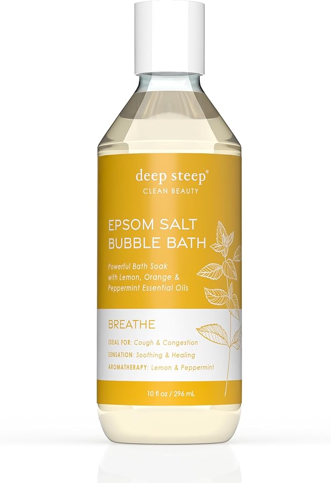 Deep Steep Epsom Salt Bubble Bath, Breathe, 10 oz – Spa Soak with Epsom Salt, Peppermint, Lemon & Essential Oils – Vegan, Clean Beauty, Muscle Relief & Sinus Support