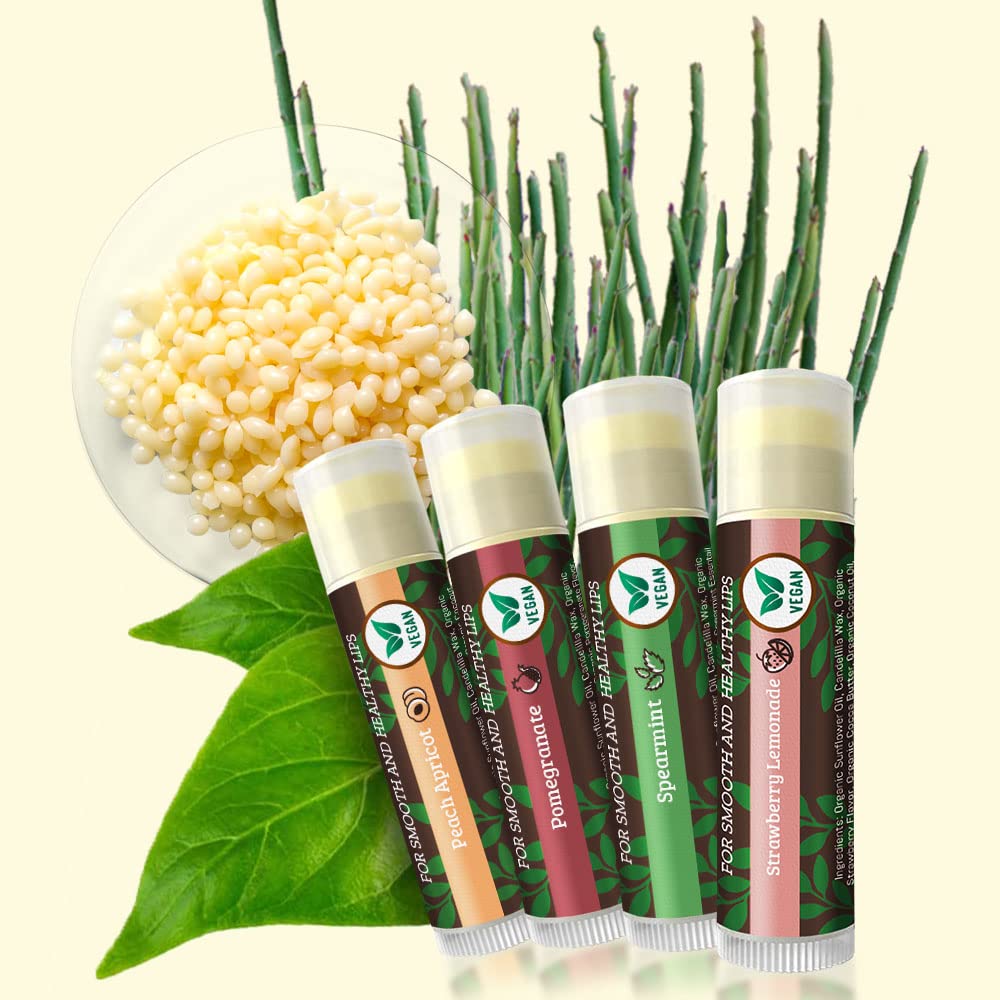 Vegan Lip Balm 4-Pack, Beeswax Free Lip Balm, Natural, Organic Flavors - Assorted Flavors, Plant Based Vegan Chapstick, Moisturizer
