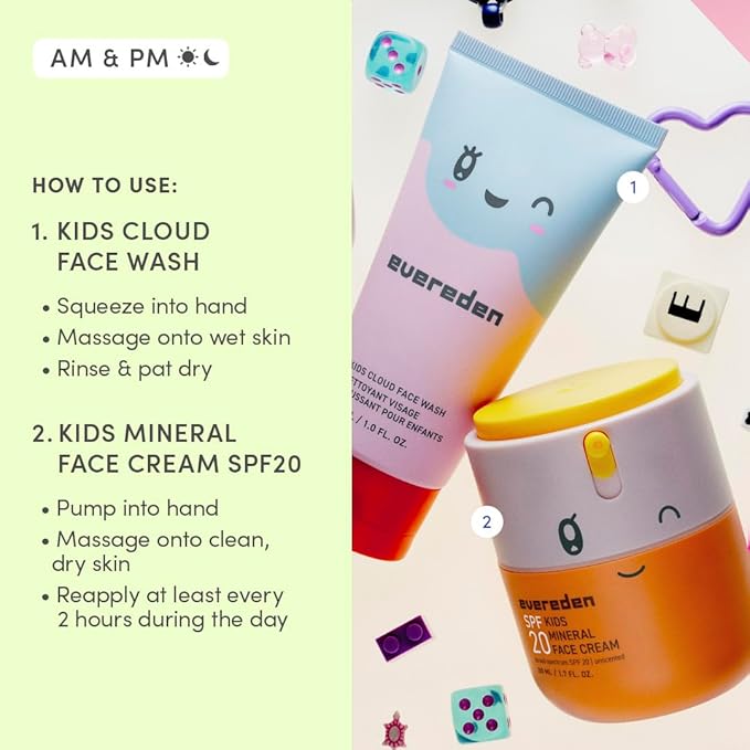 Kids Healthy Morning Duo: Clean & Vegan Skin Care for Kids Bundle | Skin Care Cloud Face Wash + SPF 20 Mineral Face Cream | Non-Toxic | Non-Comedogenic | Fun | Easy-to-Use Skincare