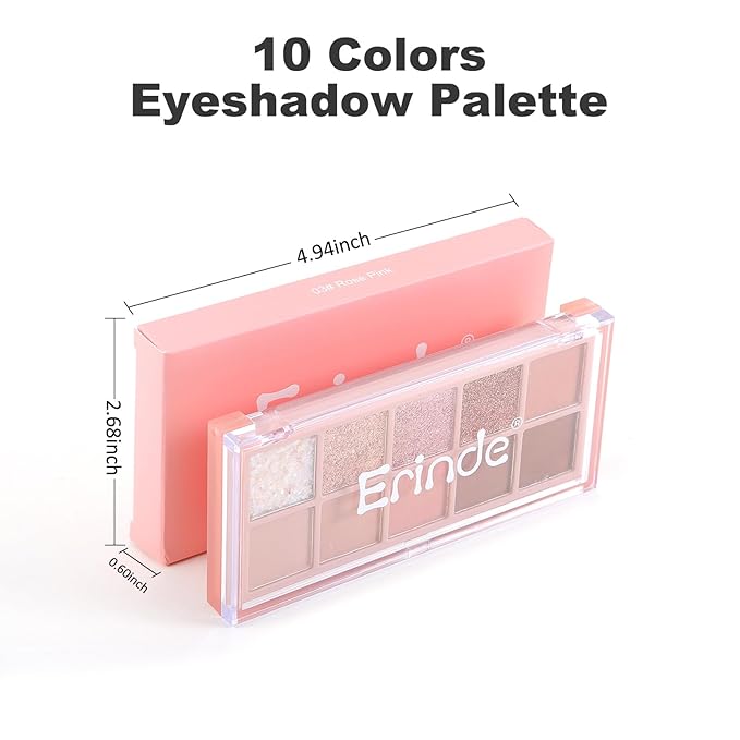Erinde 10 Colors Eyeshadow Palette Makeup - Matte Shimmer Glitter Eye Shadow, Natural-Looking Korean Eye Makeup, Ultra-Blendable, High Pigmented, Pink Eyeshadow Palette with Brush, Rose Pink