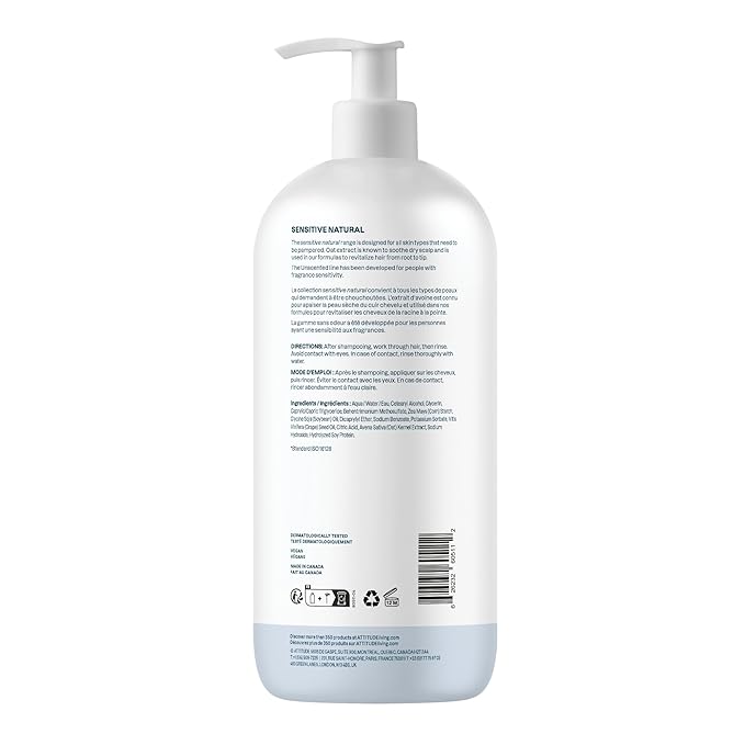 ATTITUDE Hair Conditioner for Sensitive Dry Scalp,Soothing Oat,Naturally Derived Ingredients,Dermatologically Tested,Vegan Detangler,Extra Gentle,Unscented,32 Fl Oz,(Pack of 2)