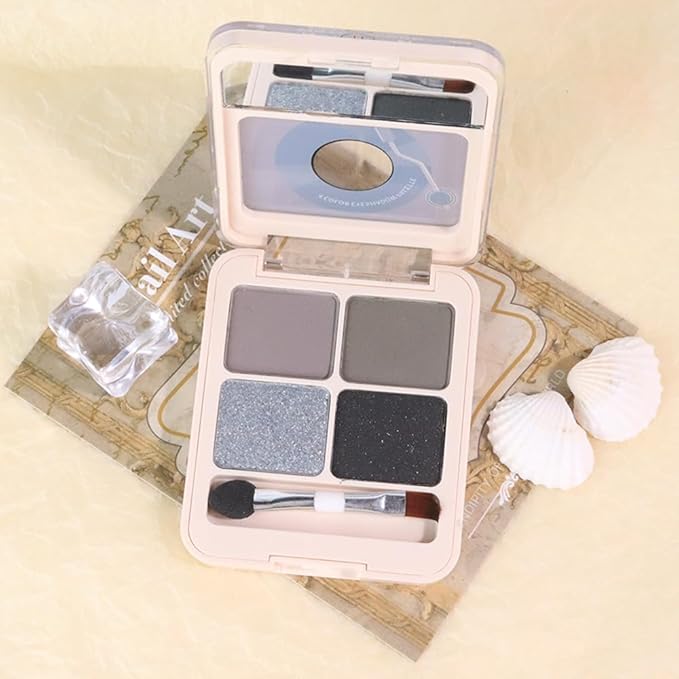 Silver Black Gray Brown 4Colors Eyeshadow Makeup Palette with Brush Mirror,Natural Neutral Powde Eye Shadow Palettes for Older Women,Long Lasting Naturing-Looking,Lightweight Eye Makeup Travel Size