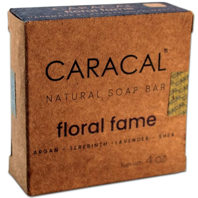 CARACAL Floral Fame Vegan Herbal Natural Women's Men's Soap Bar, Strong Smoky Lavender, Clary Sage, Terebinth Fruit, Olive, Castor Oils & Shea Butter - Long Life