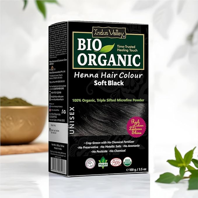 Indus Valley Organic Henna Hair Colour Kit for Women- Chemical-Free, 100% Grey Coverage, Natural Soft Black Henna Powder - Vegan, Herbal Hair Dye, Infused with Plant Based Ingredients