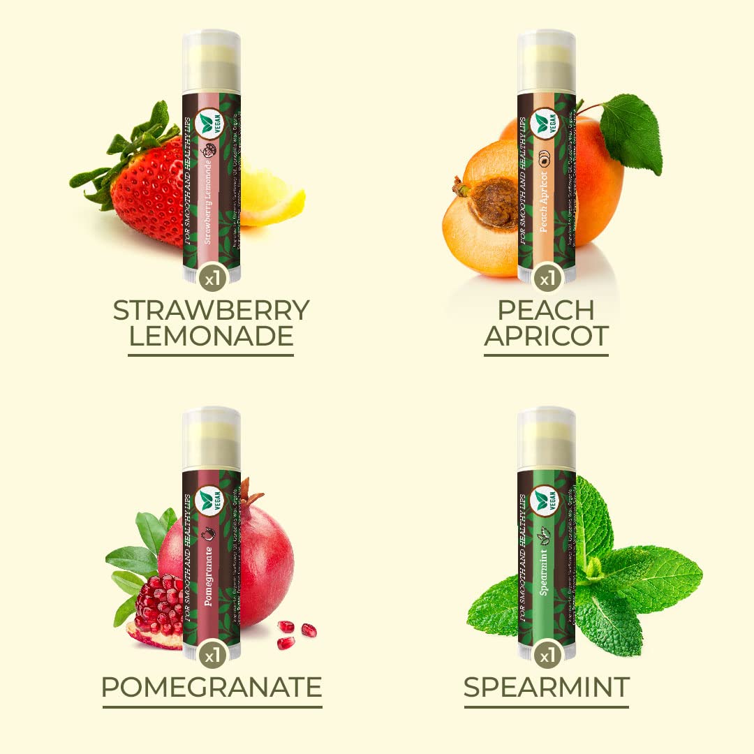 Vegan Lip Balm 4-Pack, Beeswax Free Lip Balm, Natural, Organic Flavors - Assorted Flavors, Plant Based Vegan Chapstick, Moisturizer