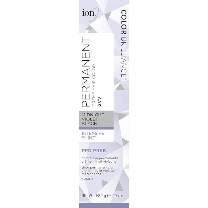 Ion Permanent Creme Hair Color 2VV Midnight Violet Black, Vegan, Cruelty Free, PPD Free, 100% Gray Coverage, Long Lasting, Fade Resistant Color, 2.05 oz
