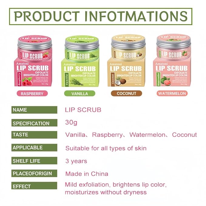 4-Color Fruit-Flavored Lip Scrub for Dry, Cracked & Dark Lips – Exfoliating & Moisturizing Lip Care with Organic Ingredients, Lip Brush – Vegan, Cruelty-Free (20g) (Vanilla flavor, 1PC)