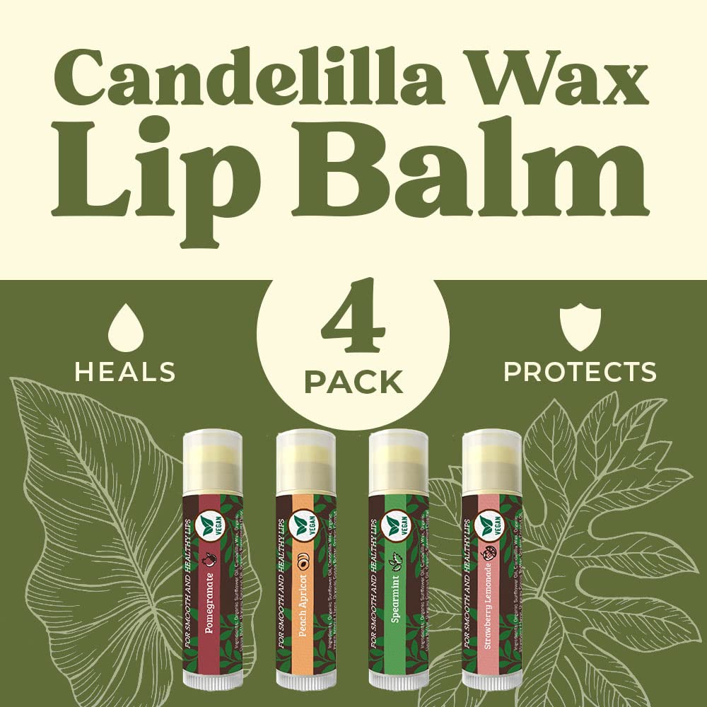 Vegan Lip Balm 4-Pack, Beeswax Free Lip Balm, Natural, Organic Flavors - Assorted Flavors, Plant Based Vegan Chapstick, Moisturizer