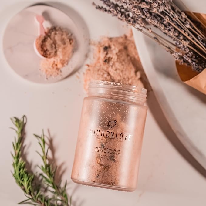 High On Love Bath Salts - Pink Himalayan & Epsom Salt Blend with Soothing Vitamin E & Premium Hemp Seed Oil - Real Dried Rose, Lavender and Rosemary Inclusions (Rosemary Lavender)