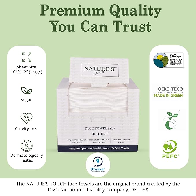 Nature’s Touch Face Towels, Biodegradable Viscose, 100% USDA Biobased, Disposable Face Towelette, Ultra Soft, Vegan, OEKO-TEX Certified, Travel, Skincare, Beauty Routine Use, 10"x12", Pack of 1, 50 Ct