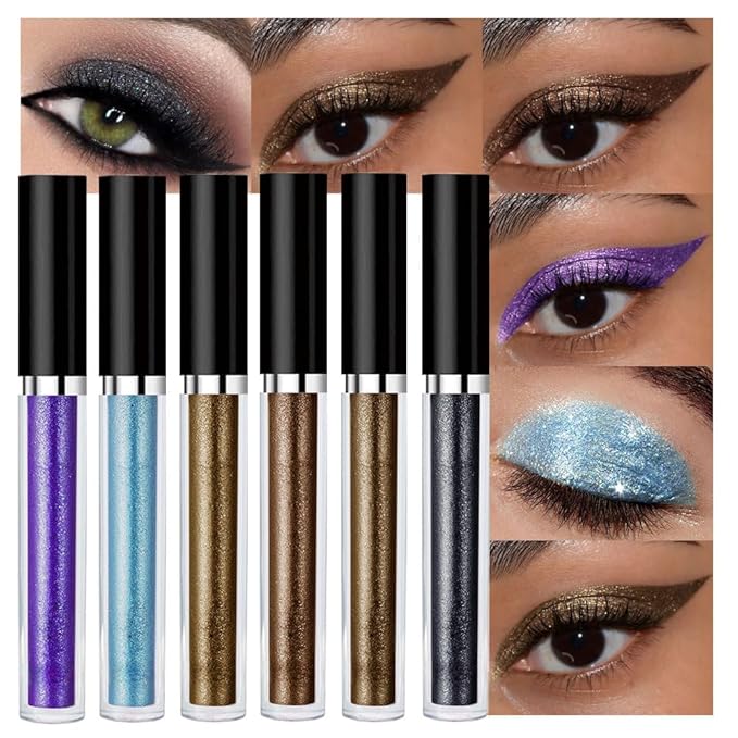 SUAKE Liquid Sparkling Glitter Eyeshadow Stick Pack - High Pigment Shimmer Metallic Eye Shadow, Long-Lasting, White Blue Black Gold Purple Bold Colors,Quicking-Dry (7#-12#, Pack of 6)