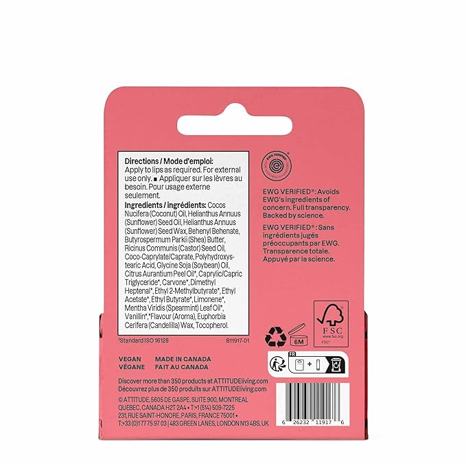 ATTITUDE Lip Balm Duo, EWG Verified, Naturally Derived Moisturizing Lip Care with Castor Oil, Coconut Oil & Shea Butter, Vegan, Watermelon Flavor, 0.14 Oz (Pack of 2)