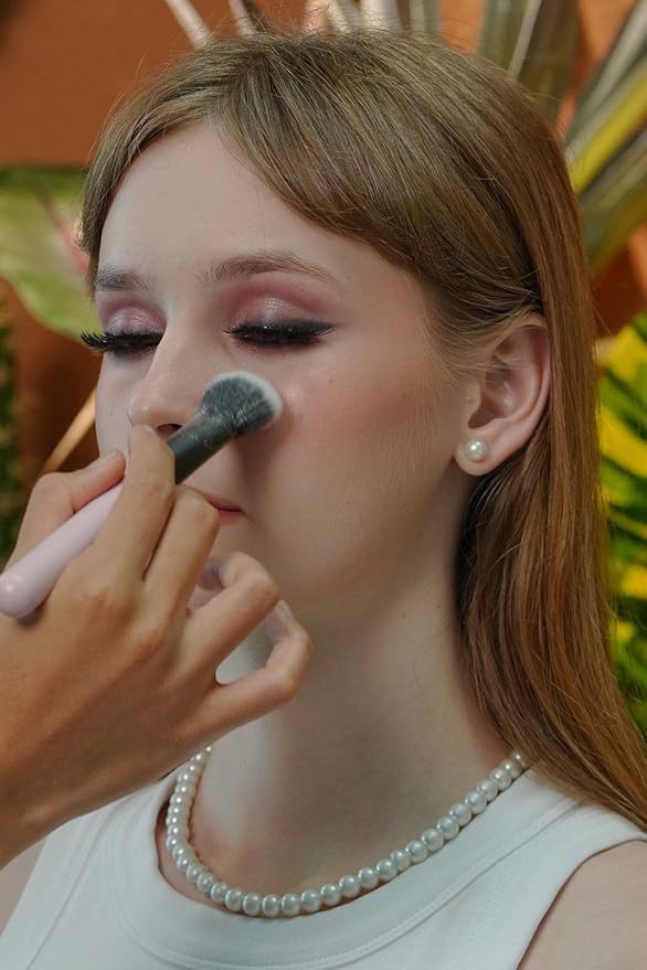 FeatherFlaw Blush Brush 020, Tapered Cheek Brush, Synthetic Vegan Bristles, Pink Wood Handle, For Blush and Highlighter Application, Pressed and Loose Powders | RUBY VIBE CO