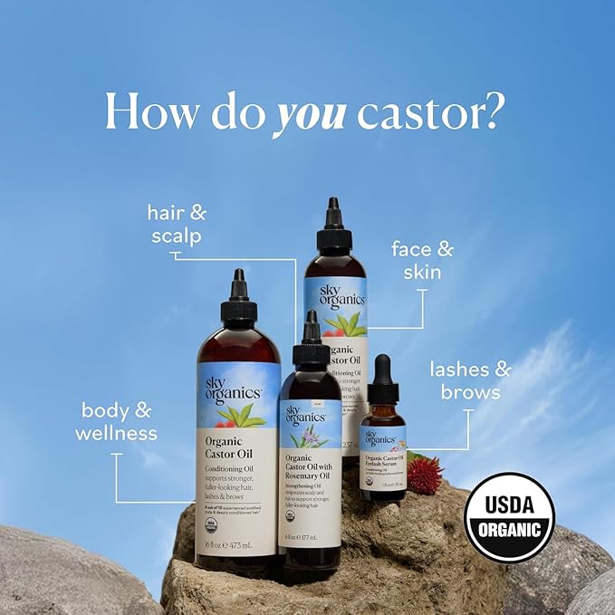 Sky Organics - USDA Organic Castor Oil Eyelash Serum (1 fl oz/30 mL) Brown Glass Bottle for UV Protection - Fuller-Looking Eyebrow & Lash Serum - Conditioning Hair Oil - Vegan, Cruelty Free, Self Care