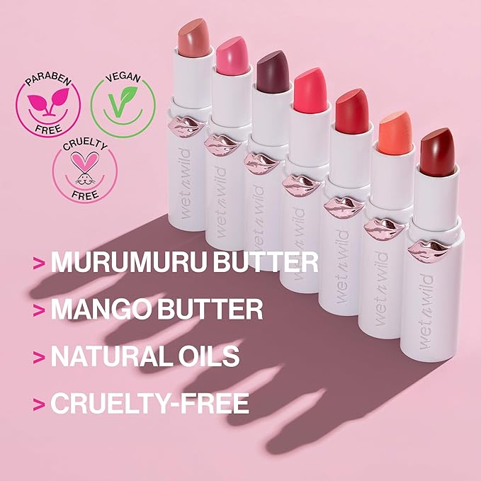 wet n wild Mega Last High-Shine Lipstick Lip Color, Infused with Seed Oils For a Nourishing High-Shine, Buildable & Blendable Creamy Color, Cruelty-Free & Vegan - Strawberry Lingerie