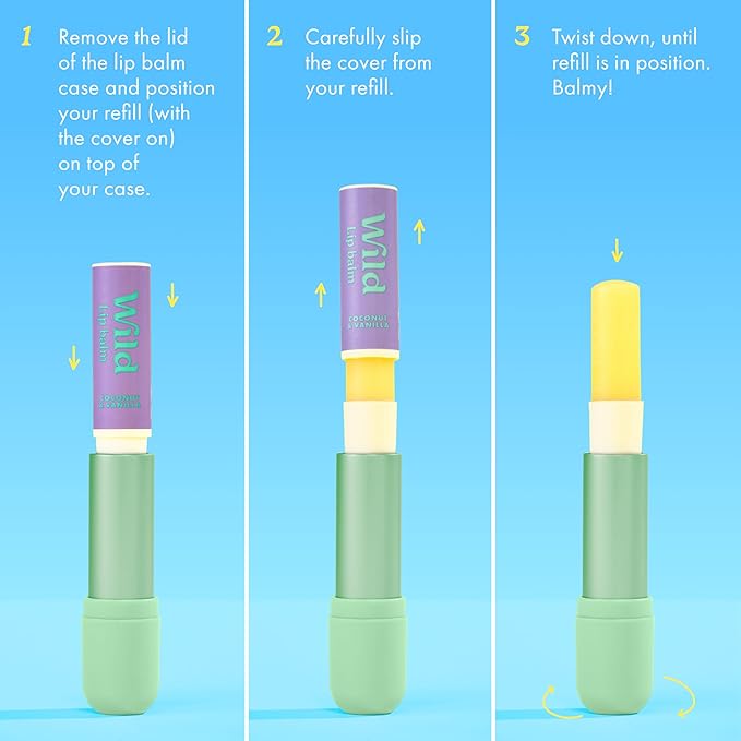 Wild - Refillable Lip Balm - 3 Pack of Lip Balm Refills in a Variety of Scents - Includes Coconut & Vanilla, Passionfruit Swirl & Watermelon Flavors - Beeswax Free