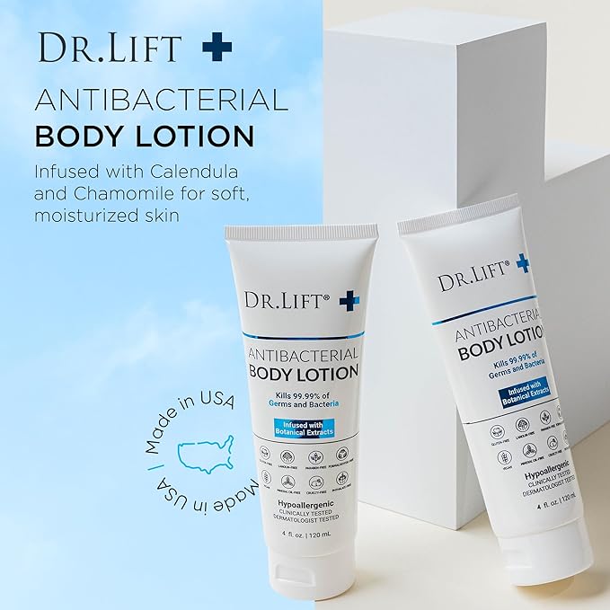 Antibacterial Body Lotion, Hypoallergenic Formula with Vitamin C & E, Calendula and Chamomile, Gentle on Skin, Non Greasy and Fast Absorbing, Vegan, Paraben Free, Mineral Oil Free, 4 Fl Oz