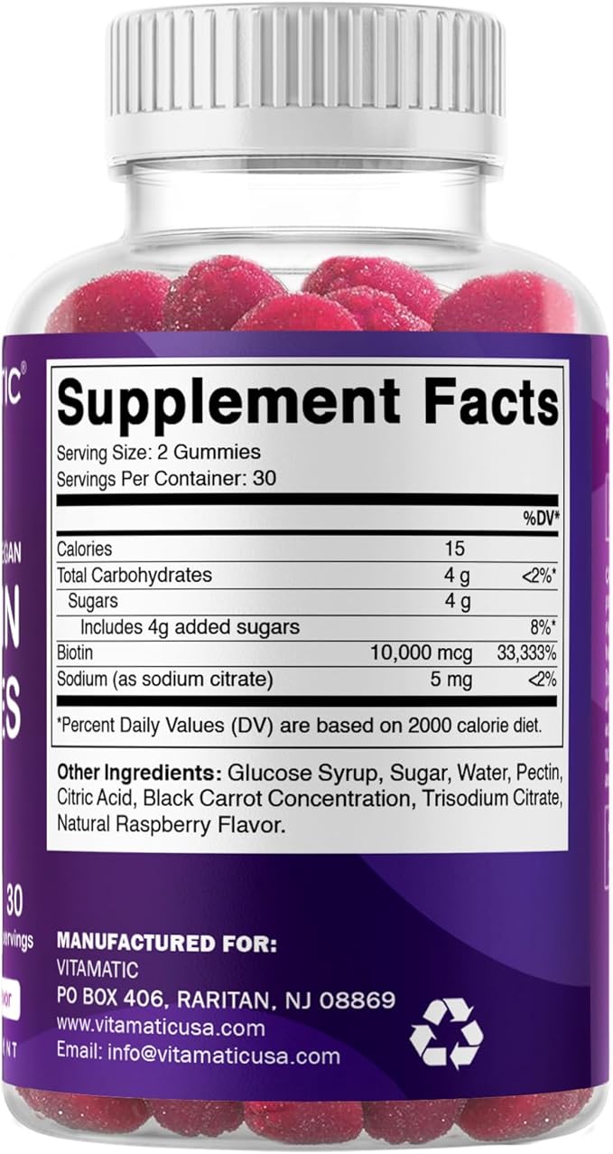Vitamatic Biotin Gummies 10,000 mcg for Stronger Hair, Skin & Nails - 60 Vegan Gummies - Also Called Vitamin B7 (1 Bottle)