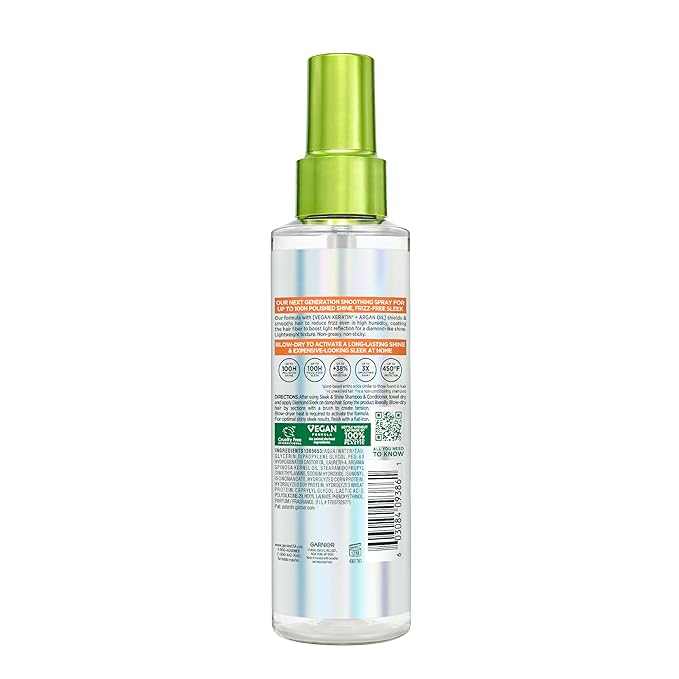 Garnier Fructis Diamond Sleek Hair Shine Spray, Frizz Control and Heat Protectant for Frizzy, Dry Hair, Formulated with Vegan Keratin Smoothing Complex and Argan Oil, 4.6 Fl Oz