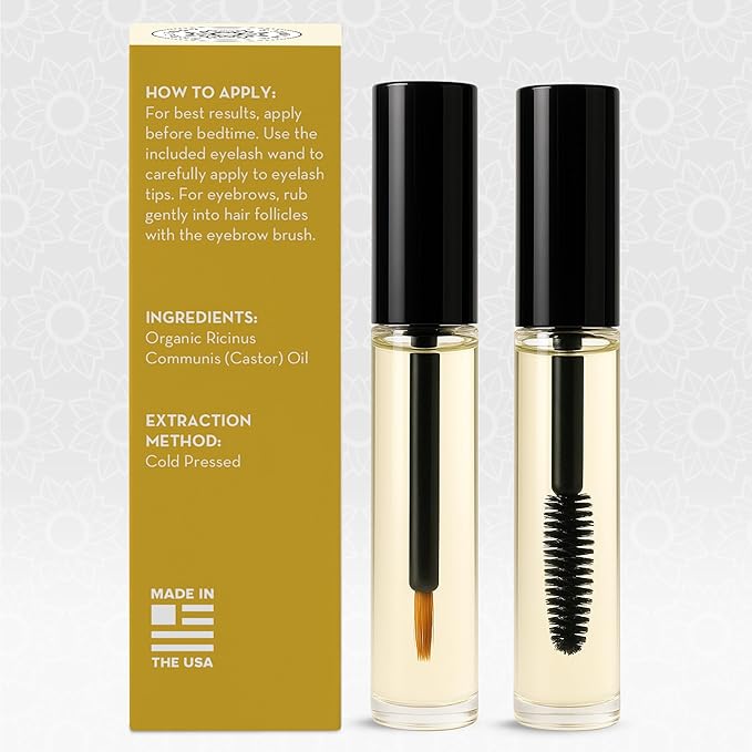 Pure Body Naturals Castor Oil for Eyelashes and Eyebrows - Nourishing Brow & Lash Growth Serum - Castor Oil Organic, Cold Pressed, Hexane Free - 2 Pre-Filled Applicators (10 ml each)